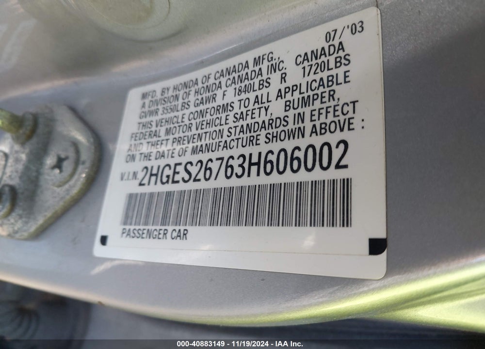 2003 HONDA CIVIC EX VIN: 2HGES26763H606002