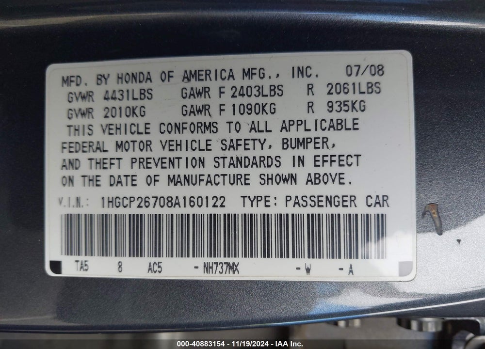 2008 HONDA ACCORD 2.4 EX VIN: 1HGCP26708A160122