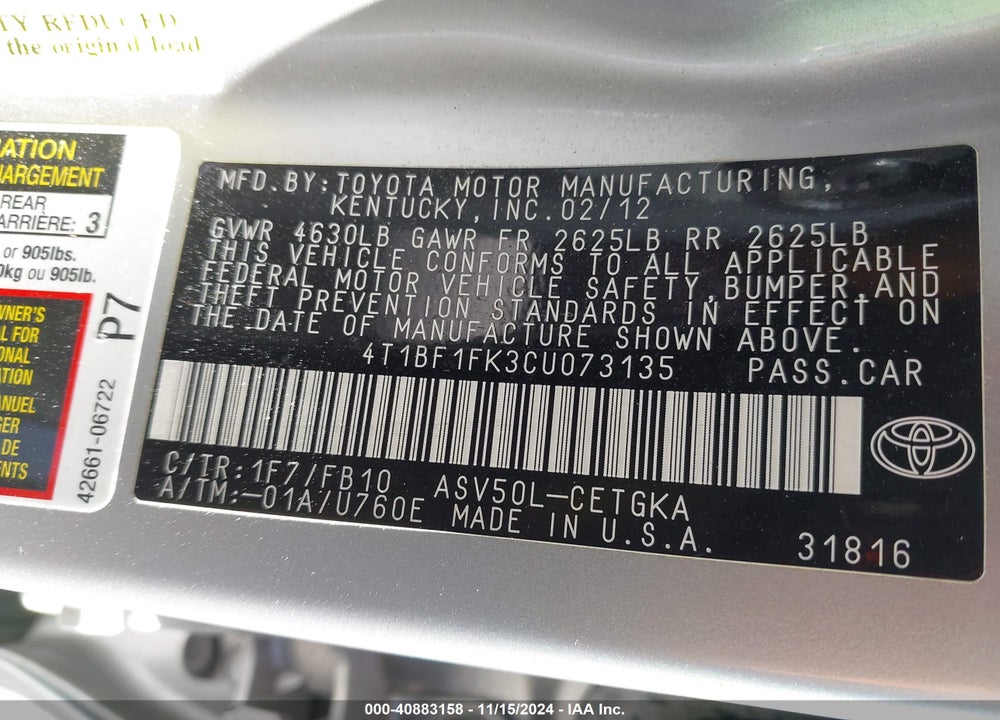 2012 TOYOTA CAMRY XLE VIN: 4T1BF1FK3CU073135