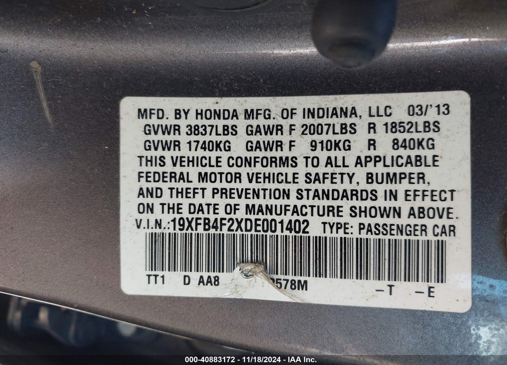 2013 HONDA CIVIC HYBRID VIN: 19XFB4F2XDE001402