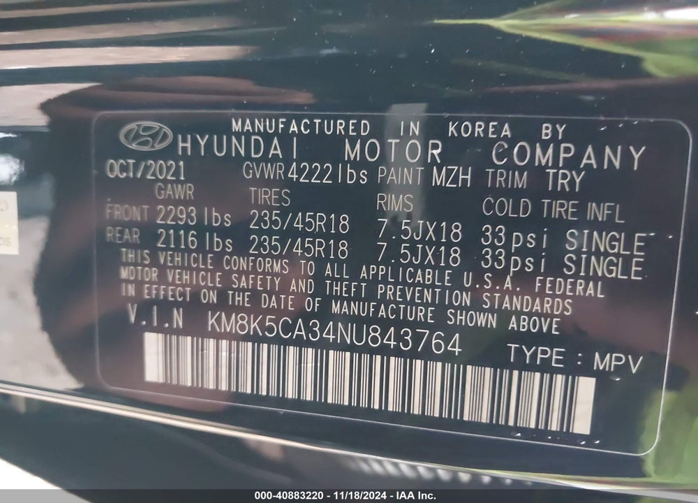 2022 HYUNDAI KONA LIMITED VIN: KM8K5CA34NU843764