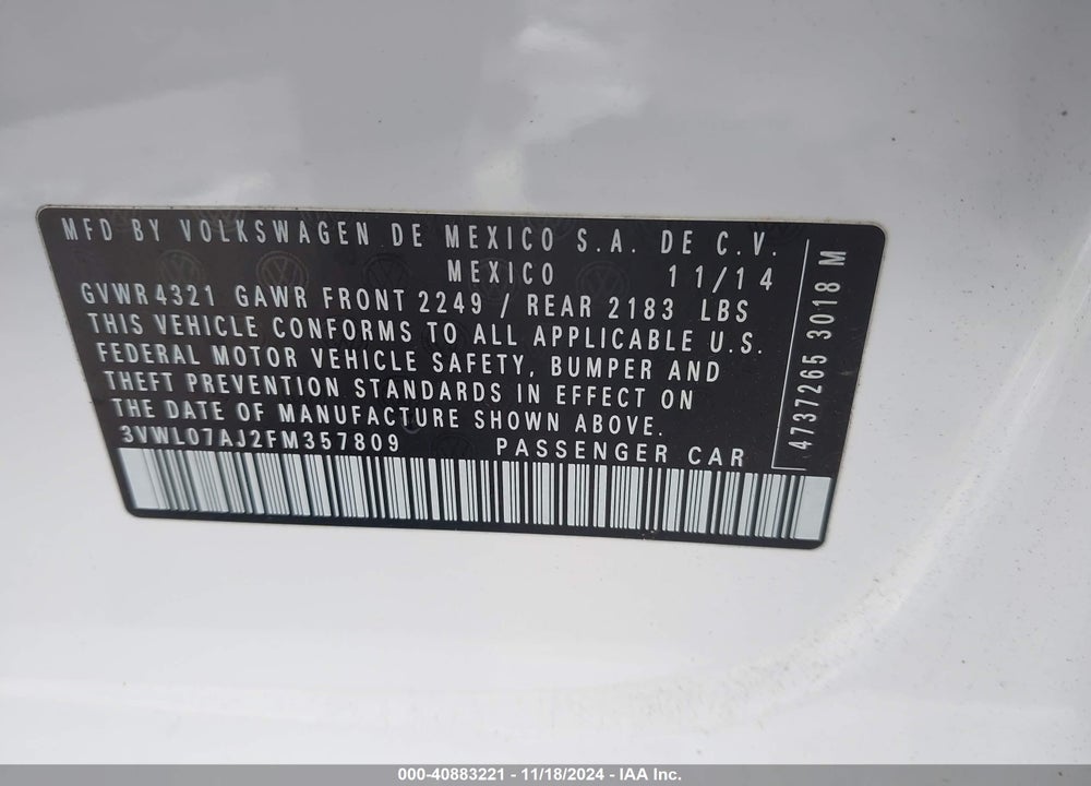 2015 VOLKSWAGEN JETTA 1.8T SEL VIN: 3VWL07AJ2FM357809