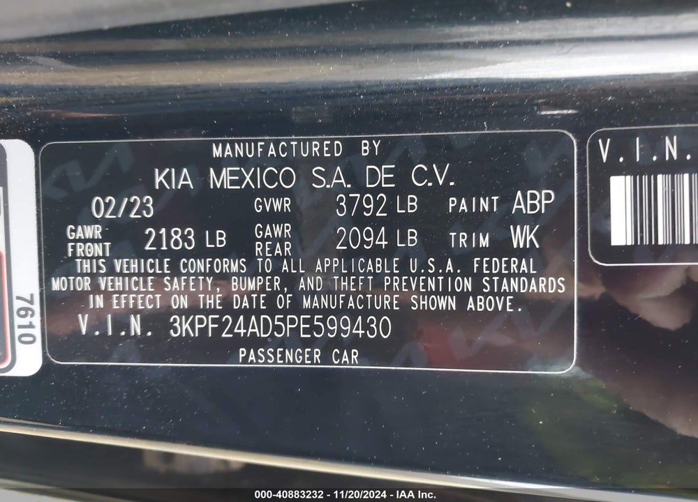 2023 KIA FORTE LXS VIN: 3KPF24AD5PE599430
