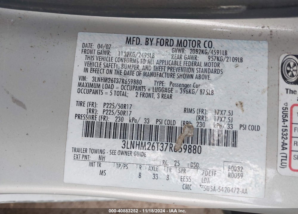 2007 LINCOLN MKZ VIN: 3LNHM26T37R659880