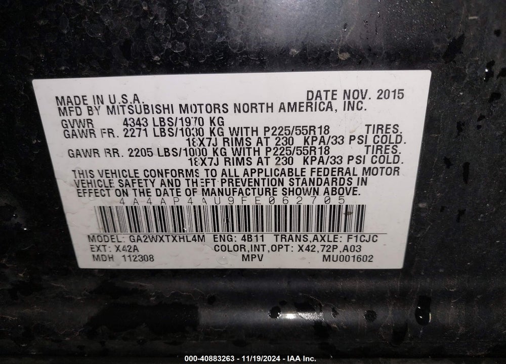 2015 MITSUBISHI OUTLANDER SPORT SE VIN: 4A4AP4AU9FE062705