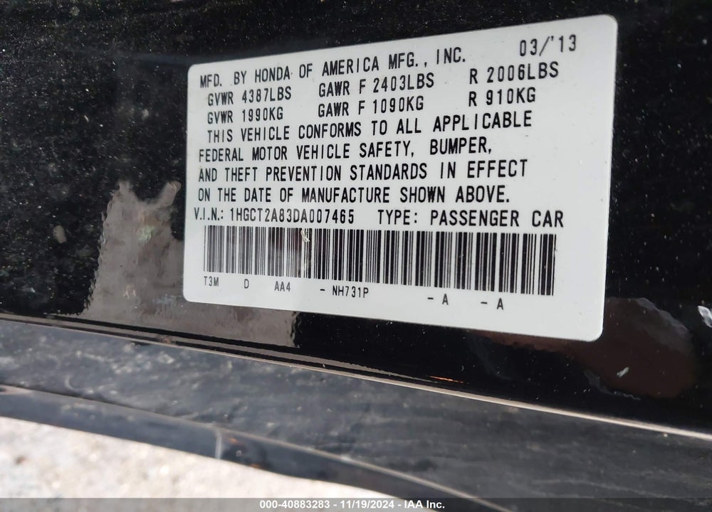 2013 HONDA ACCORD EX-L V-6 VIN: 1HGCT2A83DA007465