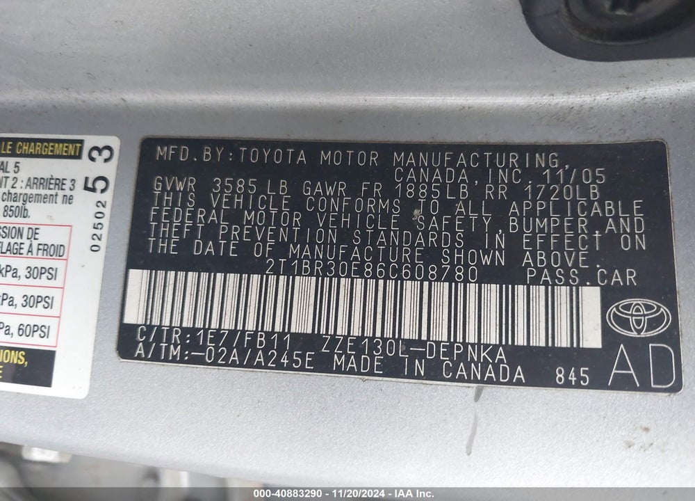 2006 TOYOTA COROLLA LE VIN: 2T1BR30E86C608780