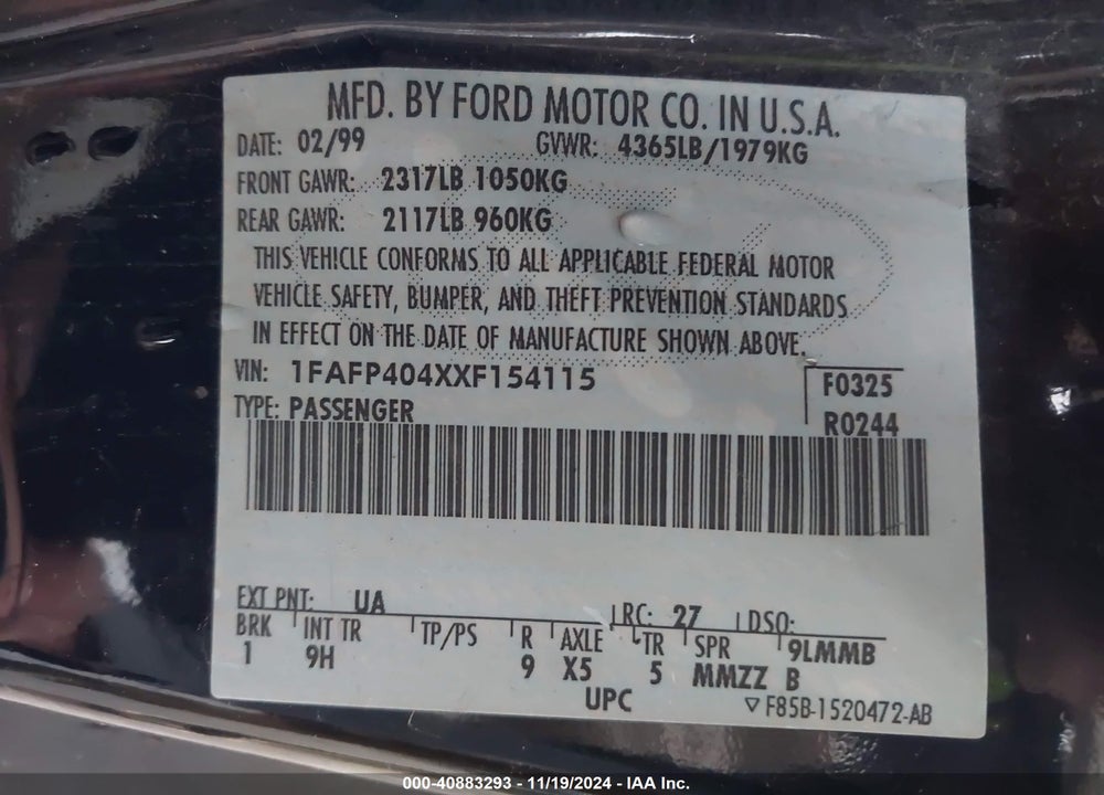 1999 FORD MUSTANG VIN: 1FAFP404XXF154115