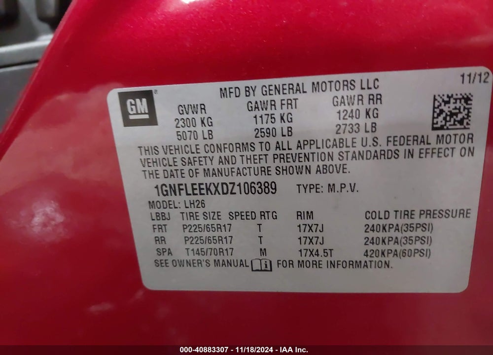 2013 CHEVROLET EQUINOX 1LT VIN: 1GNFLEEKXDZ106389