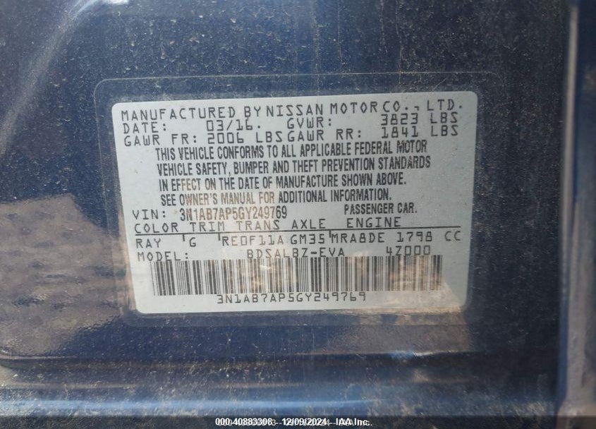2016 NISSAN SENTRA S VIN: 3N1AB7AP5GY249769