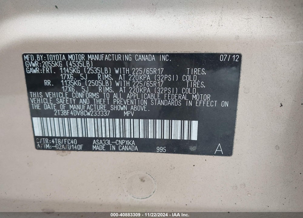 2012 TOYOTA RAV4 VIN: 2T3BF4DV8CW233337