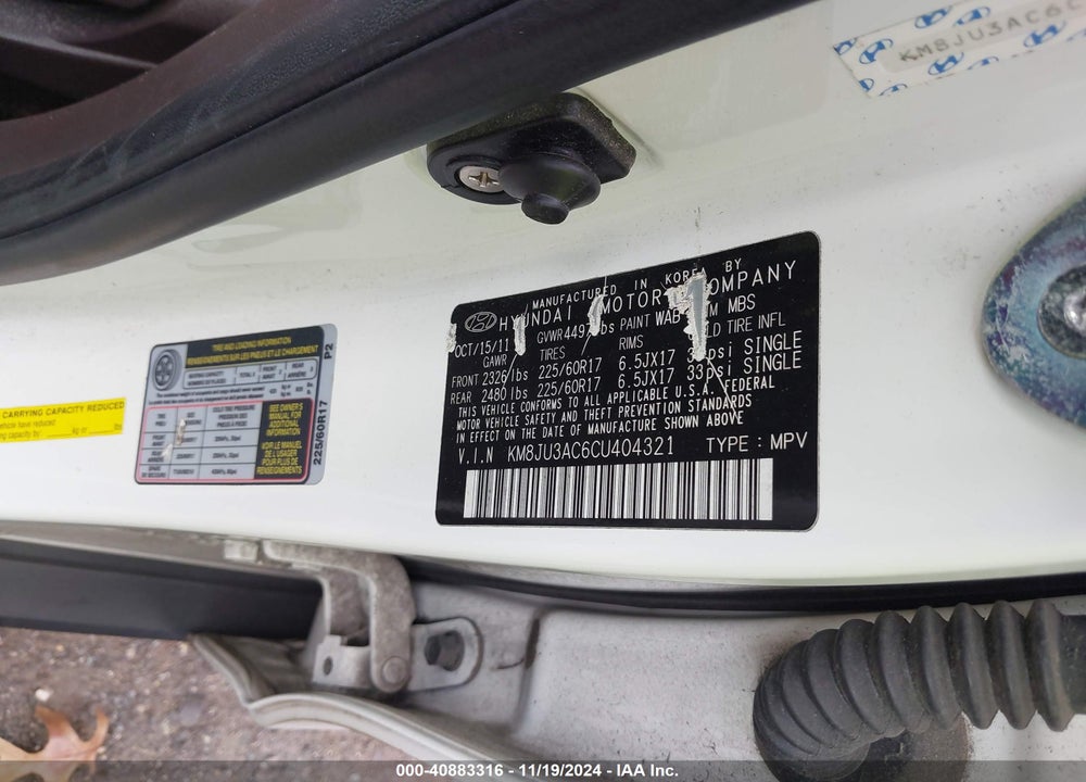 2012 HYUNDAI TUCSON GLS VIN: KM8JU3AC6CU404321