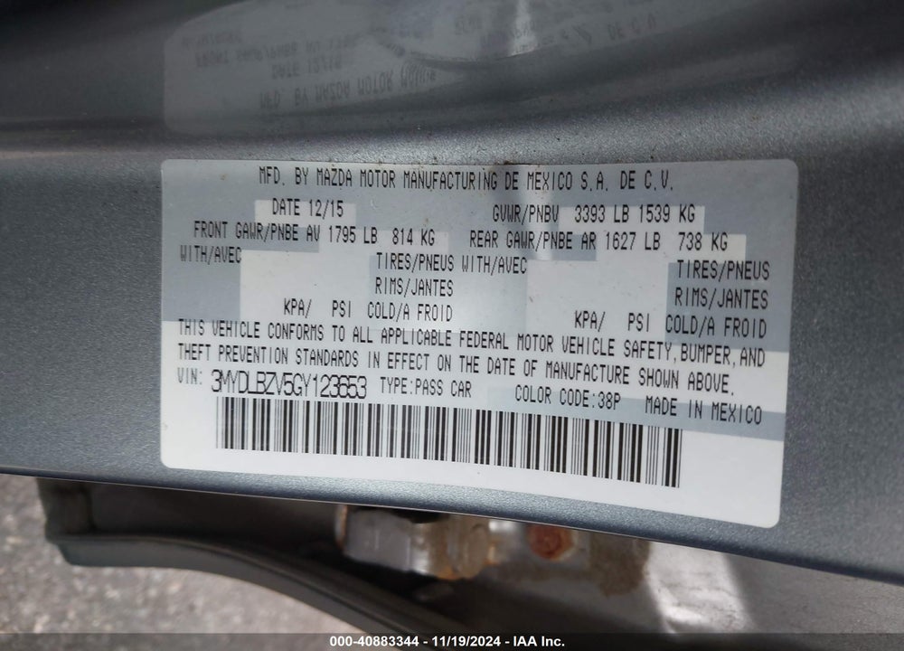 2016 SCION IA VIN: 3MYDLBZV5GY123653