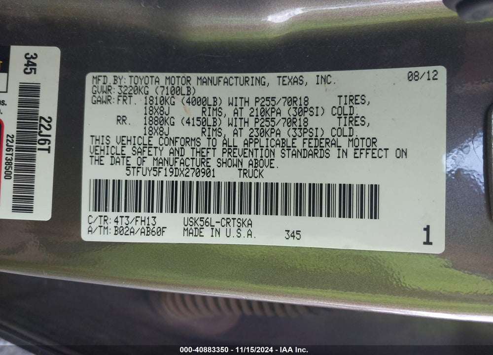 2013 TOYOTA TUNDRA GRADE 5.7L V8 VIN: 5TFUY5F19DX270901