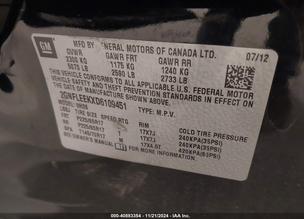 2013 CHEVROLET EQUINOX 1LT VIN: 2GNFLEEKXD6109451