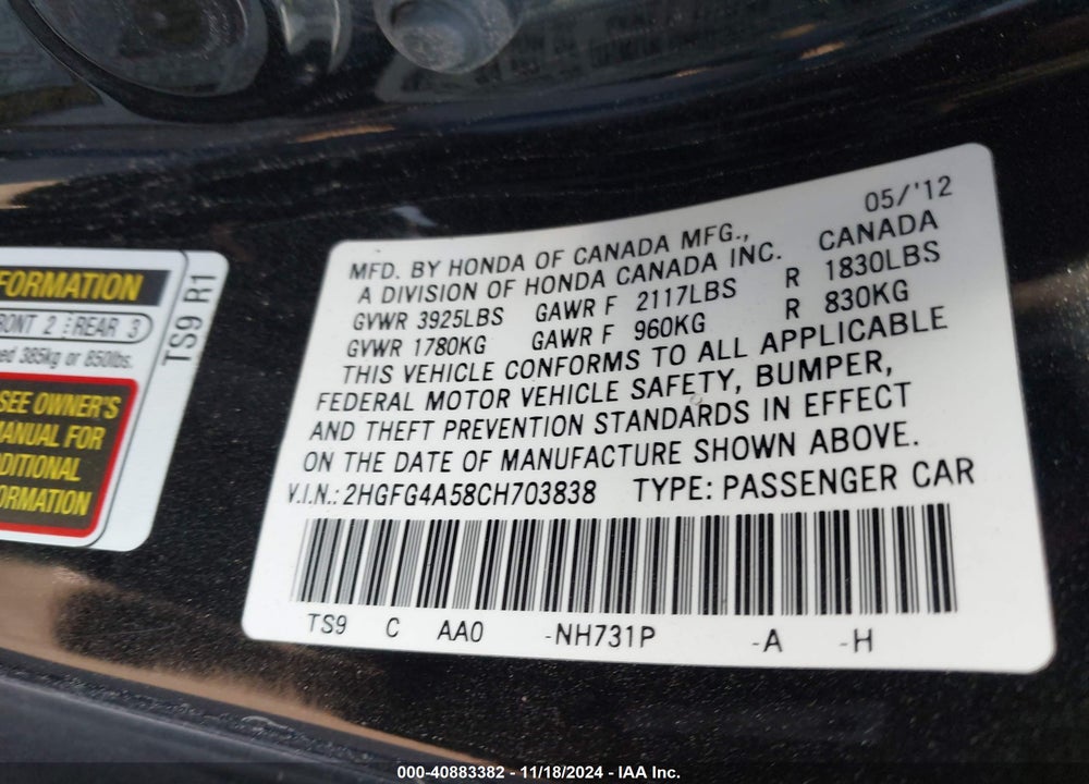 2012 HONDA CIVIC SI VIN: 2HGFG4A58CH703838