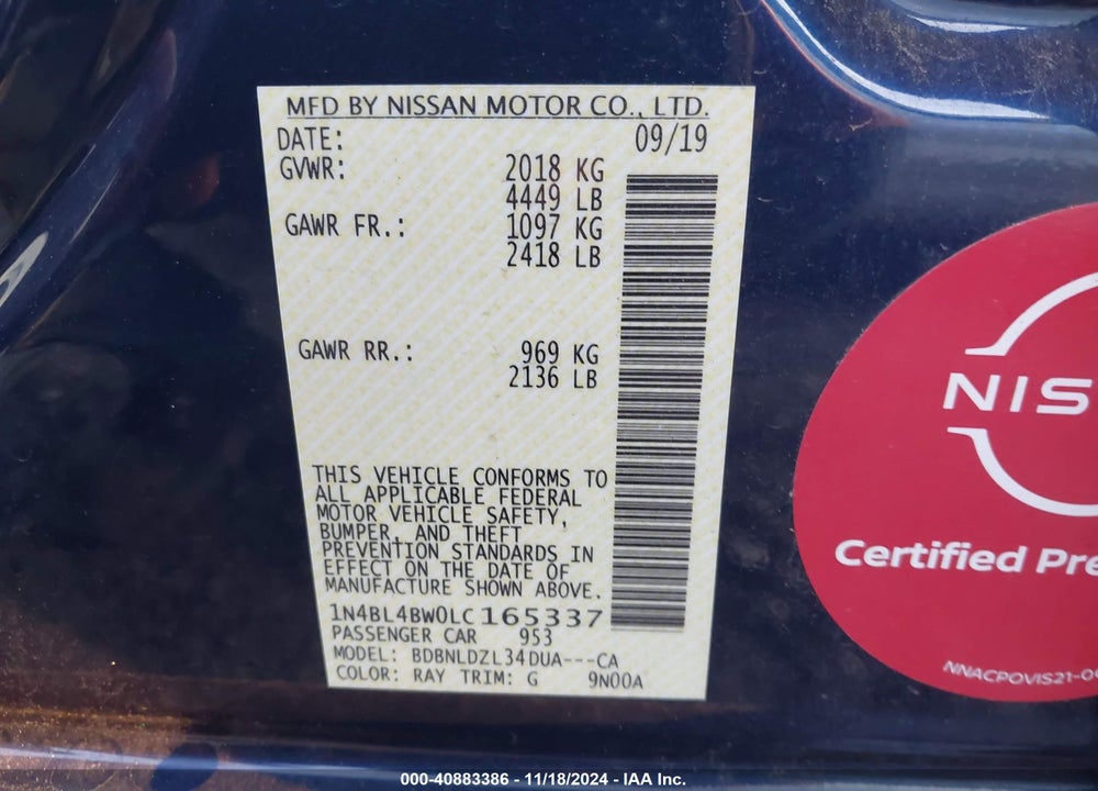 2020 NISSAN ALTIMA S INTELLIGENT AWD VIN: 1N4BL4BW0LC165337