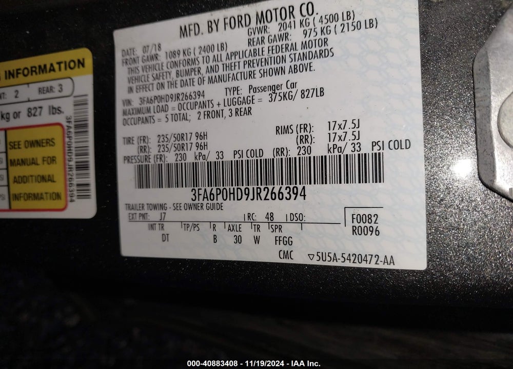 2018 FORD FUSION SE VIN: 3FA6P0HD9JR266394