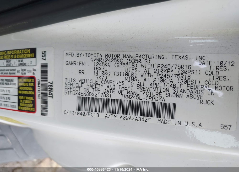2013 TOYOTA TACOMA ACCESS CAB VIN: 5TFUX4EN8DX017831