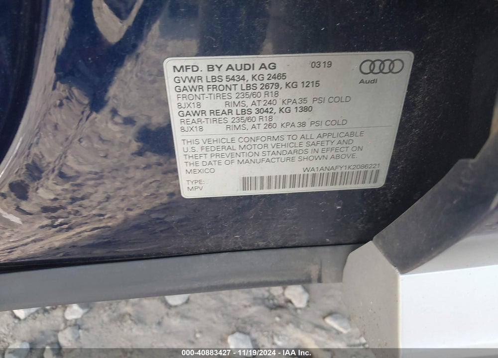 2019 AUDI Q5 45 PREMIUM VIN: WA1ANAFY1K2086221