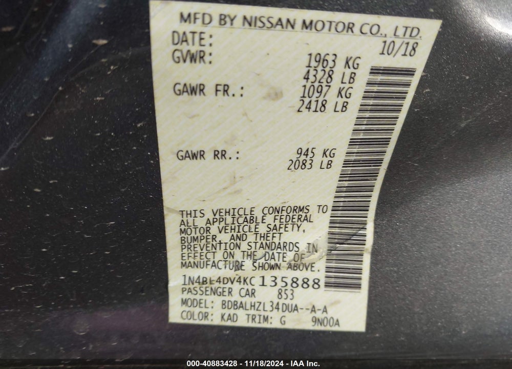 2019 NISSAN ALTIMA VIN: 1N4BL4DV4KC135888