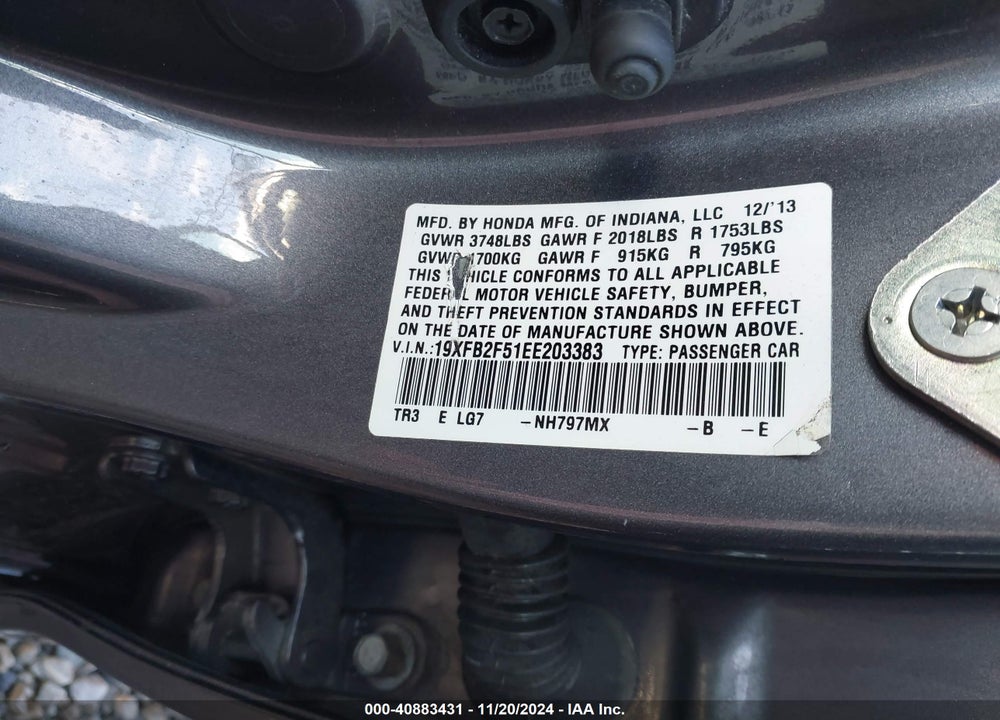 2014 HONDA CIVIC LX VIN: 19XFB2F51EE203383