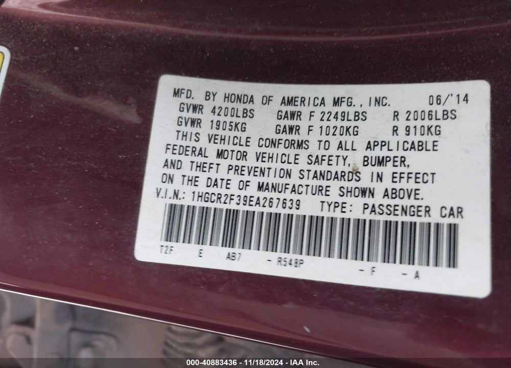 2014 HONDA ACCORD LX VIN: 1HGCR2F39EA267639
