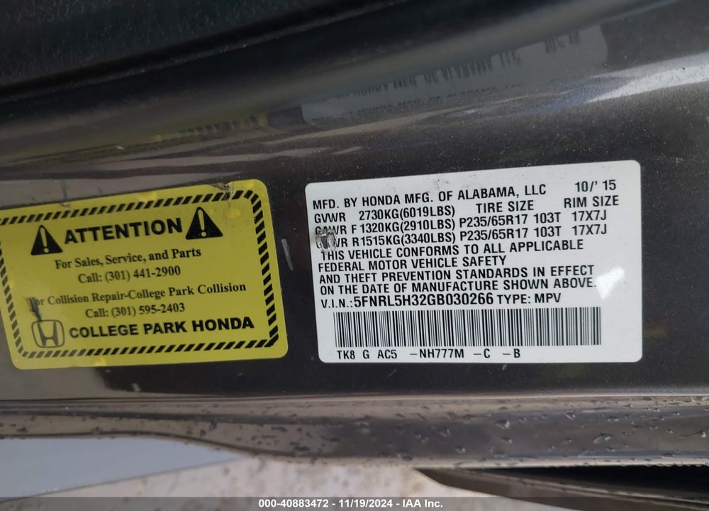 2016 HONDA ODYSSEY SE VIN: 5FNRL5H32GB030266