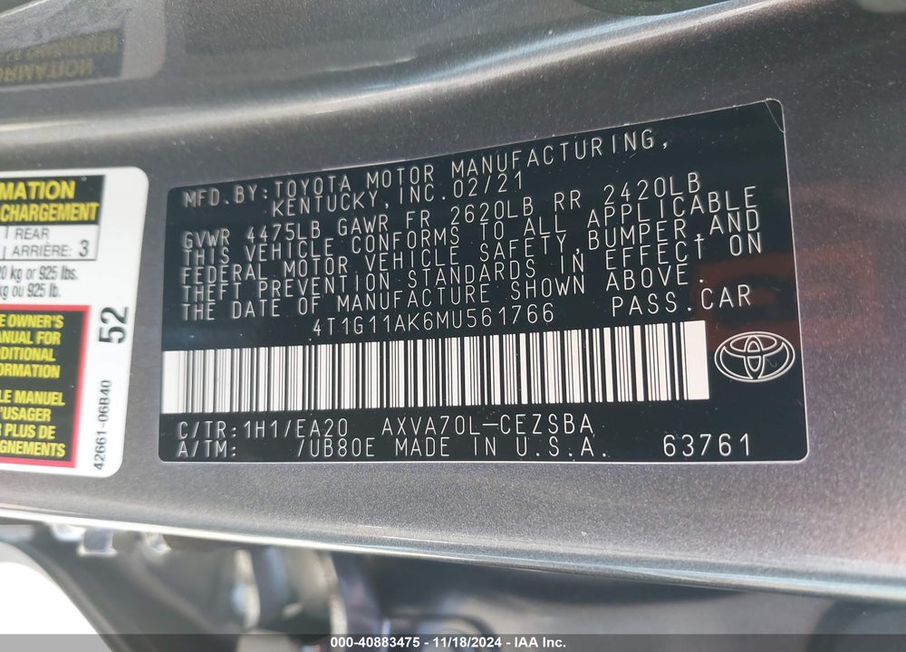 2021 TOYOTA CAMRY SE VIN: 4T1G11AK6MU561766