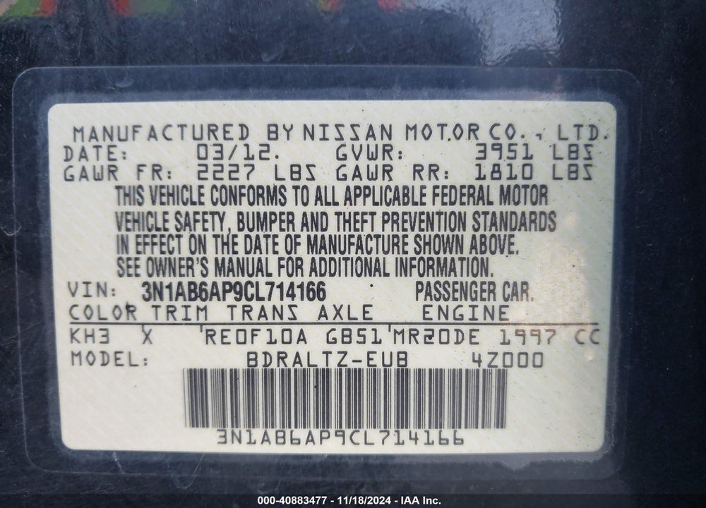 2012 NISSAN SENTRA 2.0 S VIN: 3N1AB6AP9CL714166