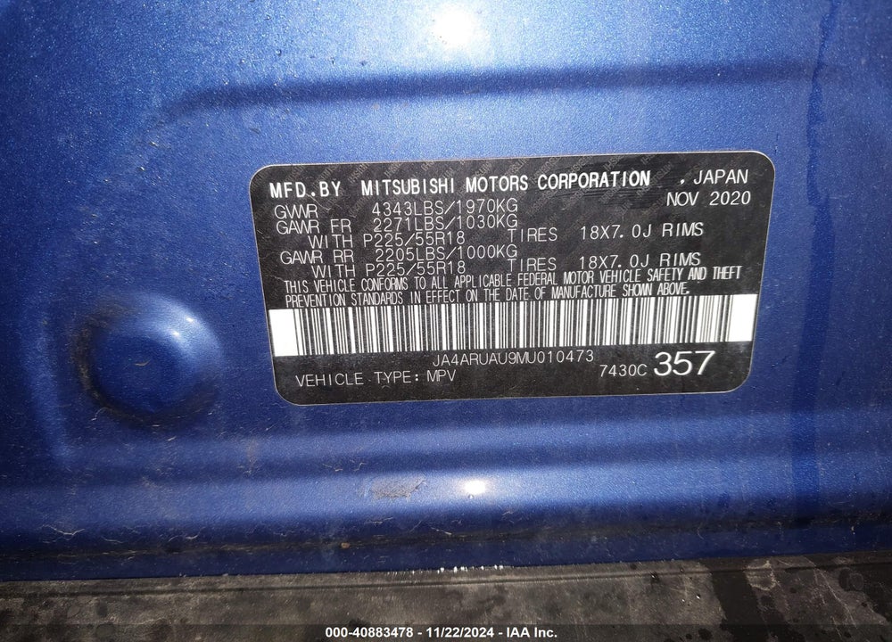 2021 MITSUBISHI OUTLANDER SPORT 2.0 BE /2.0 ES /2.0 LE /2.0 SE VIN: JA4ARUAU9MU010473