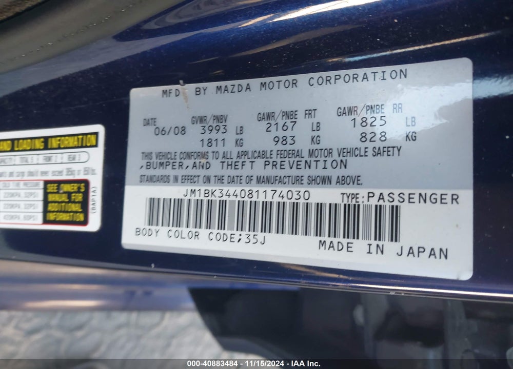 2008 MAZDA 3 S GRAND TOURING VIN: JM1BK344081174030