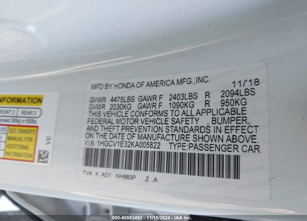 2019 HONDA ACCORD SPORT VIN: 1HGCV1E32KA005822