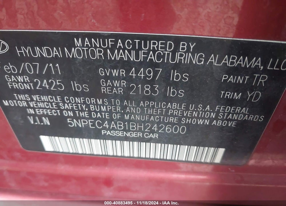 2011 HYUNDAI SONATA LIMITED 2.0T VIN: 5NPEC4AB1BH242600