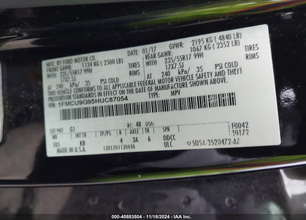 2017 FORD ESCAPE SE VIN: 1FMCU9G95HUC87054