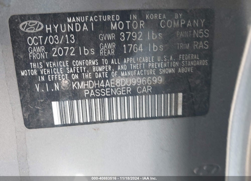 2013 HYUNDAI ELANTRA GLS VIN: KMHDH4AE8DU996699