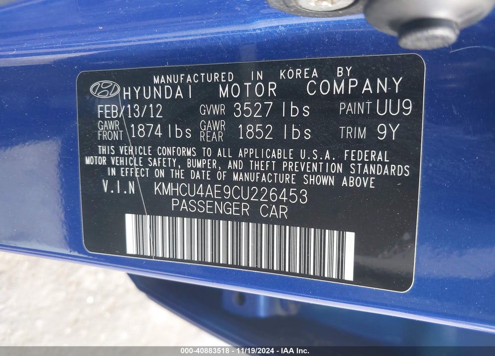 2012 HYUNDAI ACCENT GLS VIN: KMHCU4AE9CU226453