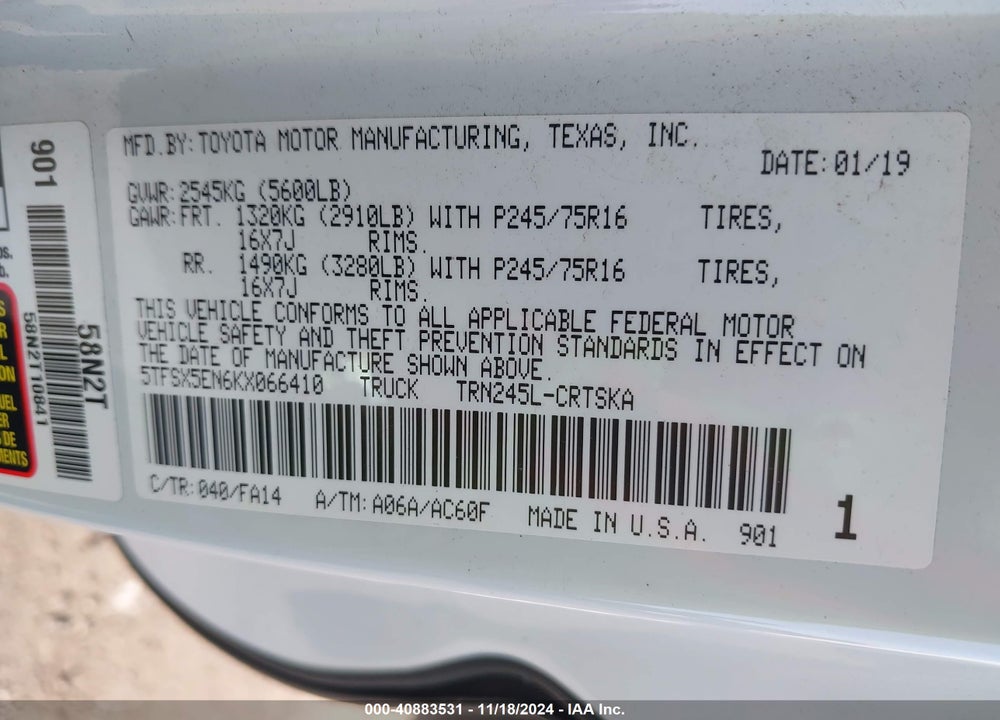 2019 TOYOTA TACOMA SR VIN: 5TFSX5EN6KX066410