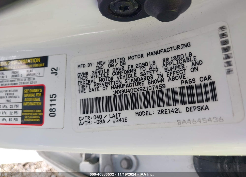 2009 TOYOTA COROLLA S VIN: 1NXBU40EX9Z107459