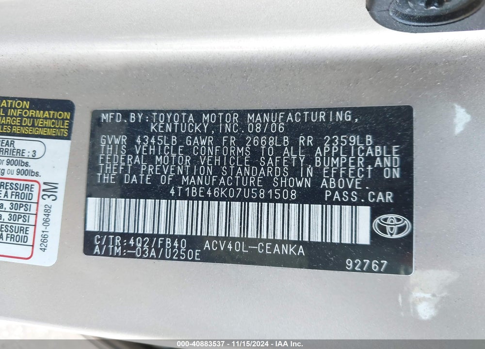 2007 TOYOTA CAMRY LE VIN: 4T1BE46K07U581508