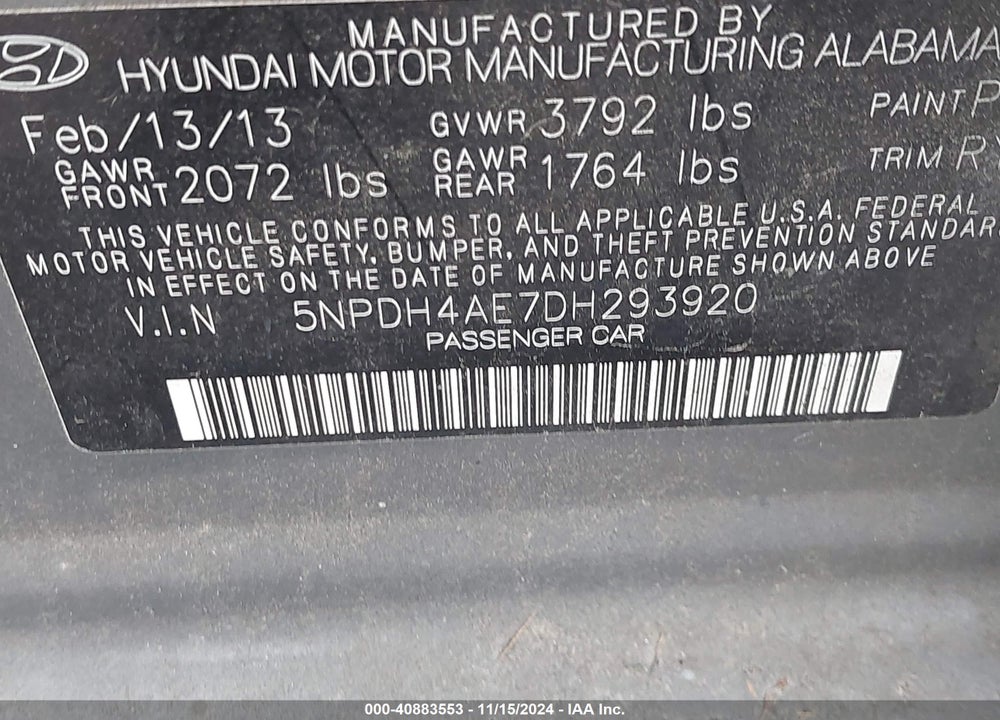 2013 HYUNDAI ELANTRA LIMITED VIN: 5NPDH4AE7DH293920