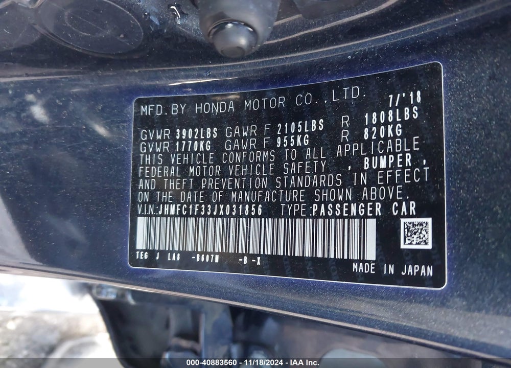 2018 HONDA CIVIC EX-T VIN: JHMFC1F33JX031856