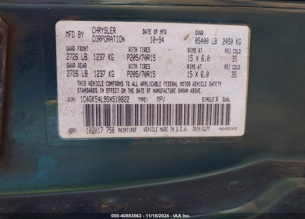 1995 CHRYSLER TOWN & COUNTRY VIN: 1C4GK54L9SX510822
