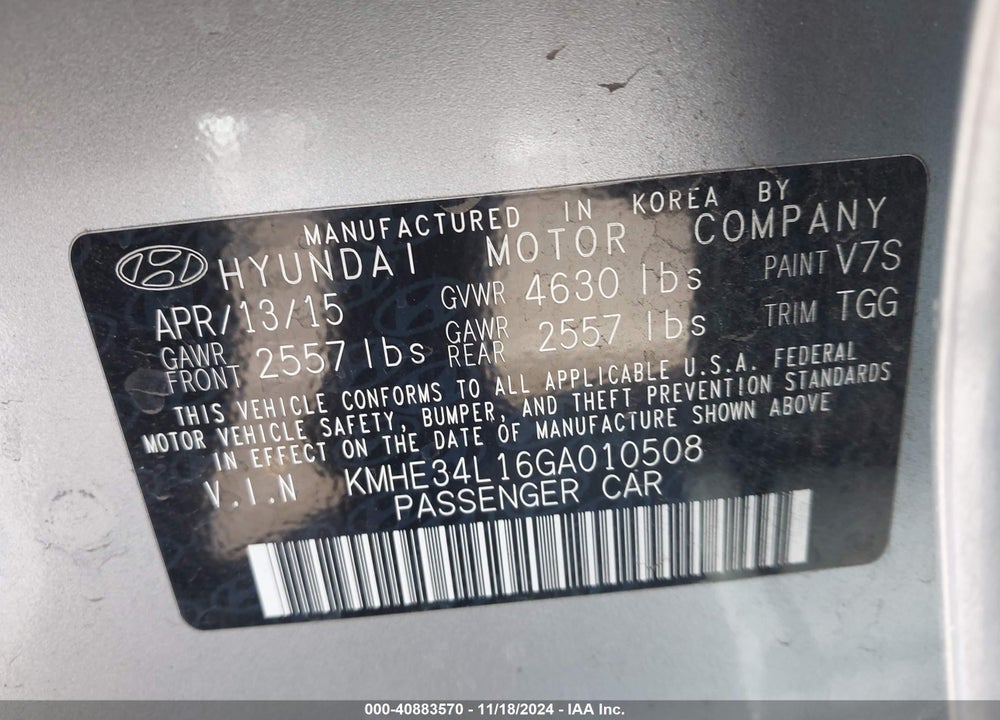 2016 HYUNDAI SONATA HYBRID LIMITED VIN: KMHE34L16GA010508