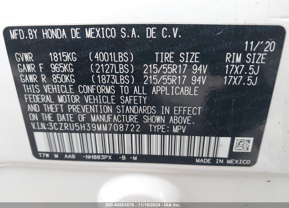 2021 HONDA HR-V 2WD LX VIN: 3CZRU5H39MM708722