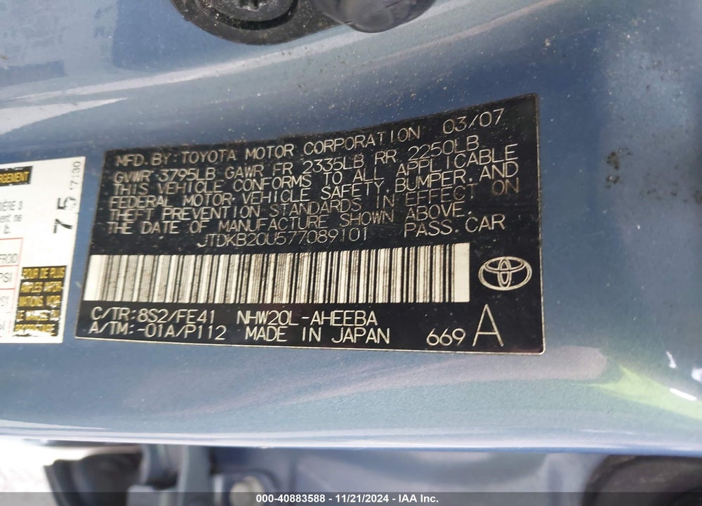 2007 TOYOTA PRIUS VIN: JTDKB20U577089101