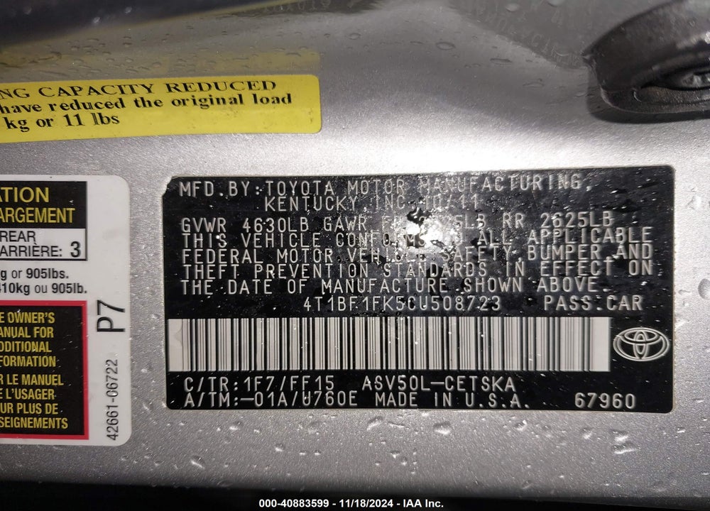 2012 TOYOTA CAMRY SE VIN: 4T1BF1FK5CU508723