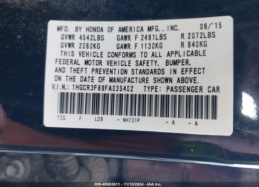 2015 HONDA ACCORD EX-L V-6 VIN: 1HGCR3F89FA035402