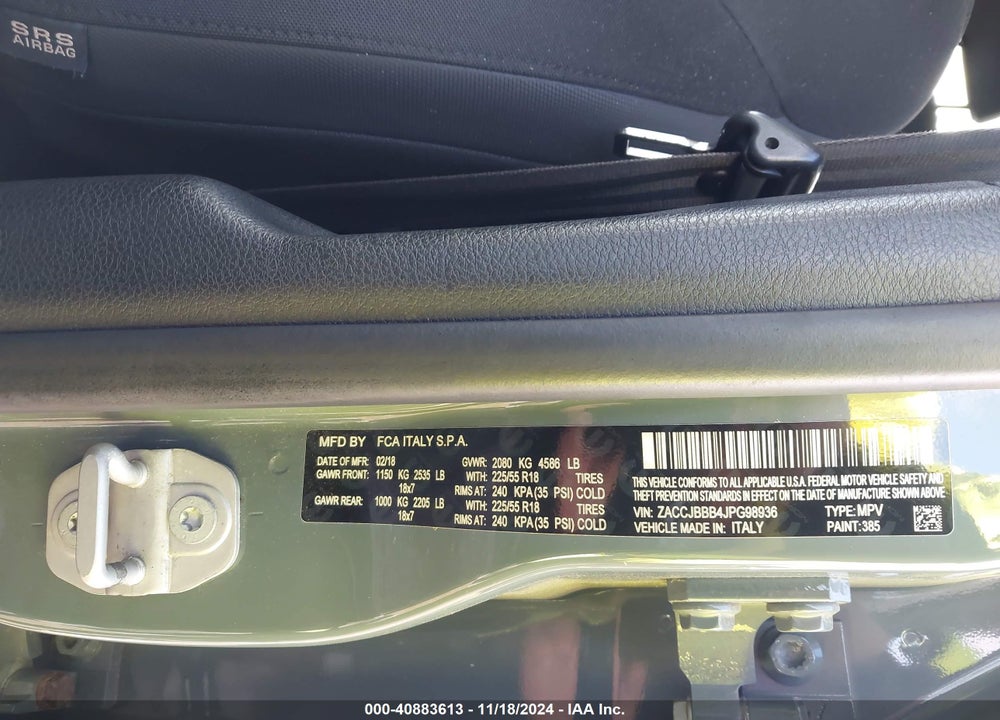2018 JEEP RENEGADE ALTITUDE 4X4 VIN: ZACCJBBB4JPG98936