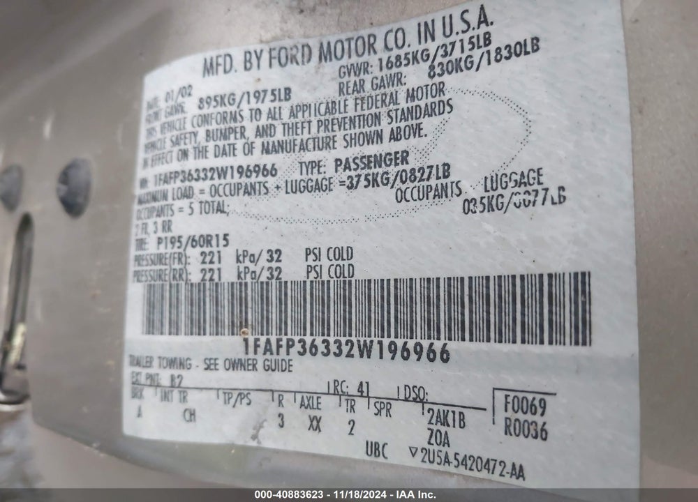 2002 FORD FOCUS SE/ZTW VIN: 1FAFP36332W196966